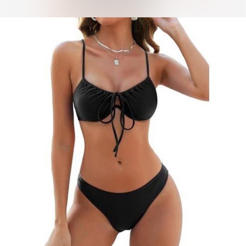 Black bikini cut out thing push up underwire bathing suit two piece cheeky sexy